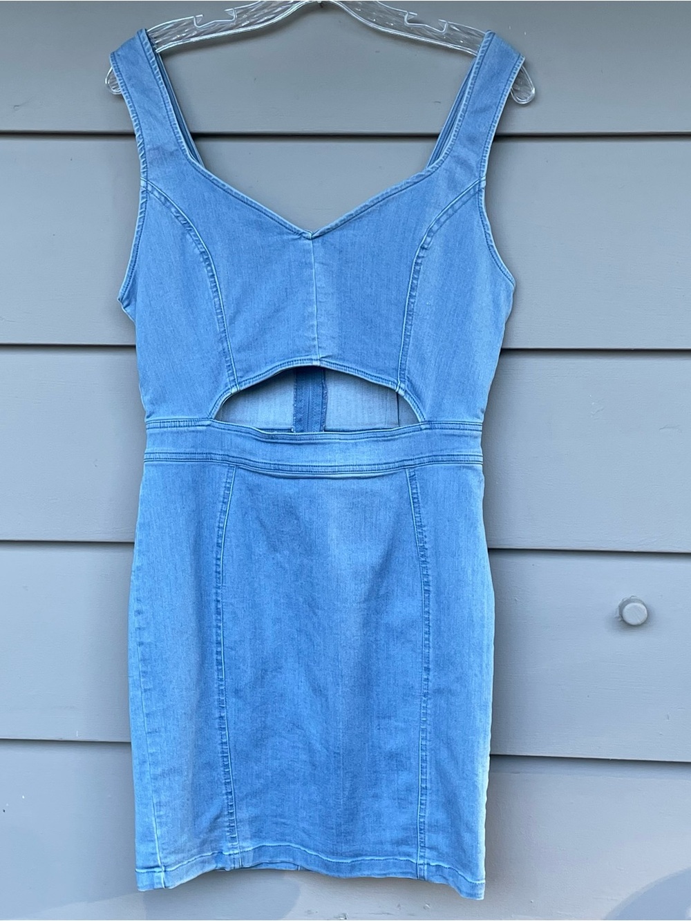 IRIS LA Light Blue Denim Mini Dress Bodycon Cutout Festival Hippie Womens Large